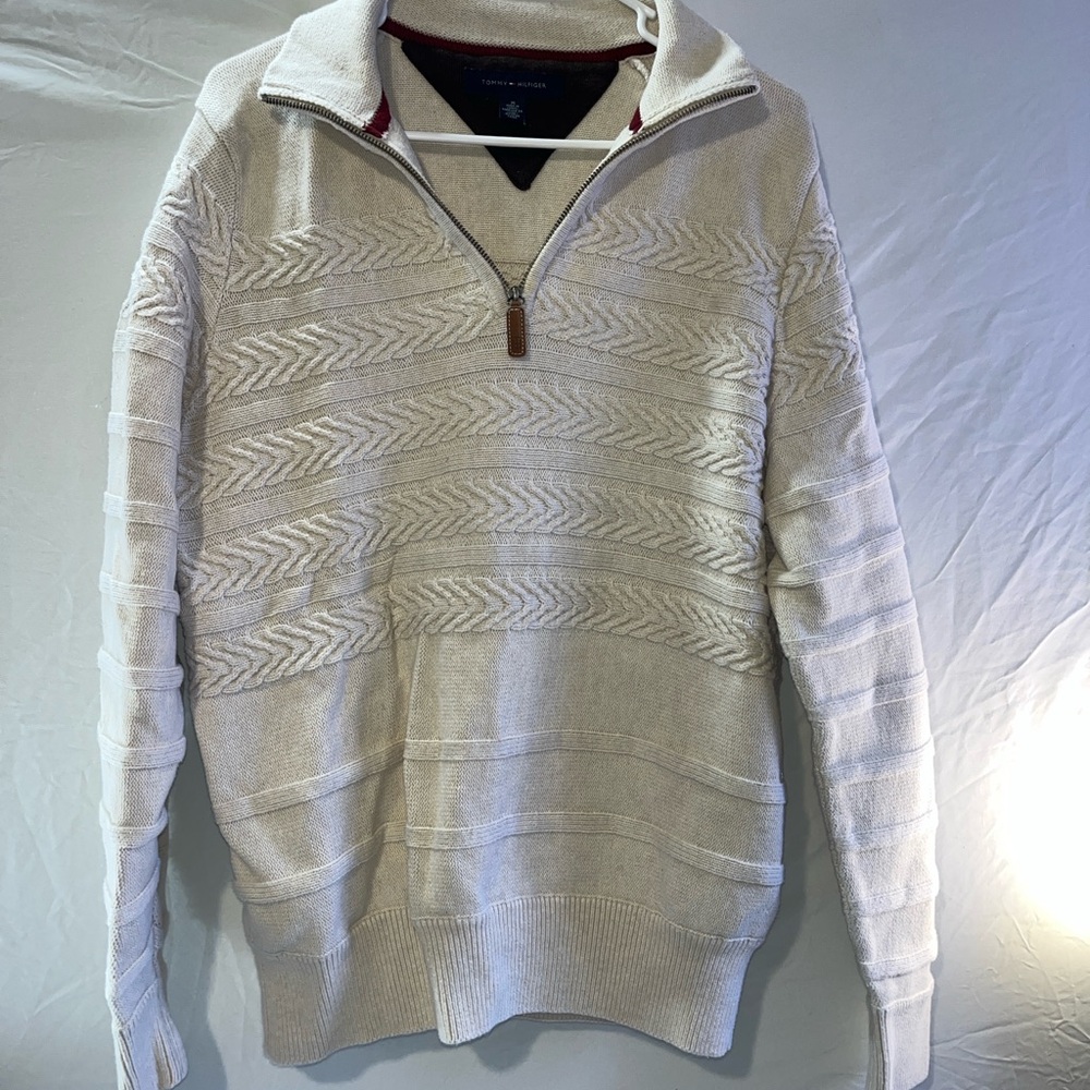 Tommy Hilfiger Cream Patterned Zip-Up Sweater
